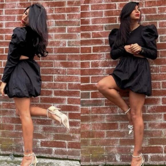 Zara Black Puff Sleeve Side Cut Out Bubble Skirt Mini Dress Size Medium - Picture 2 of 11